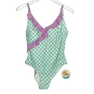 Caden Lane Ruffled 1 Piece Swimsuit XL NEW Green White Checkerboard UPF 50